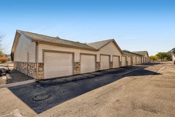 A row of garage doors at Fox Run Lofts Apartments, Englewood CO